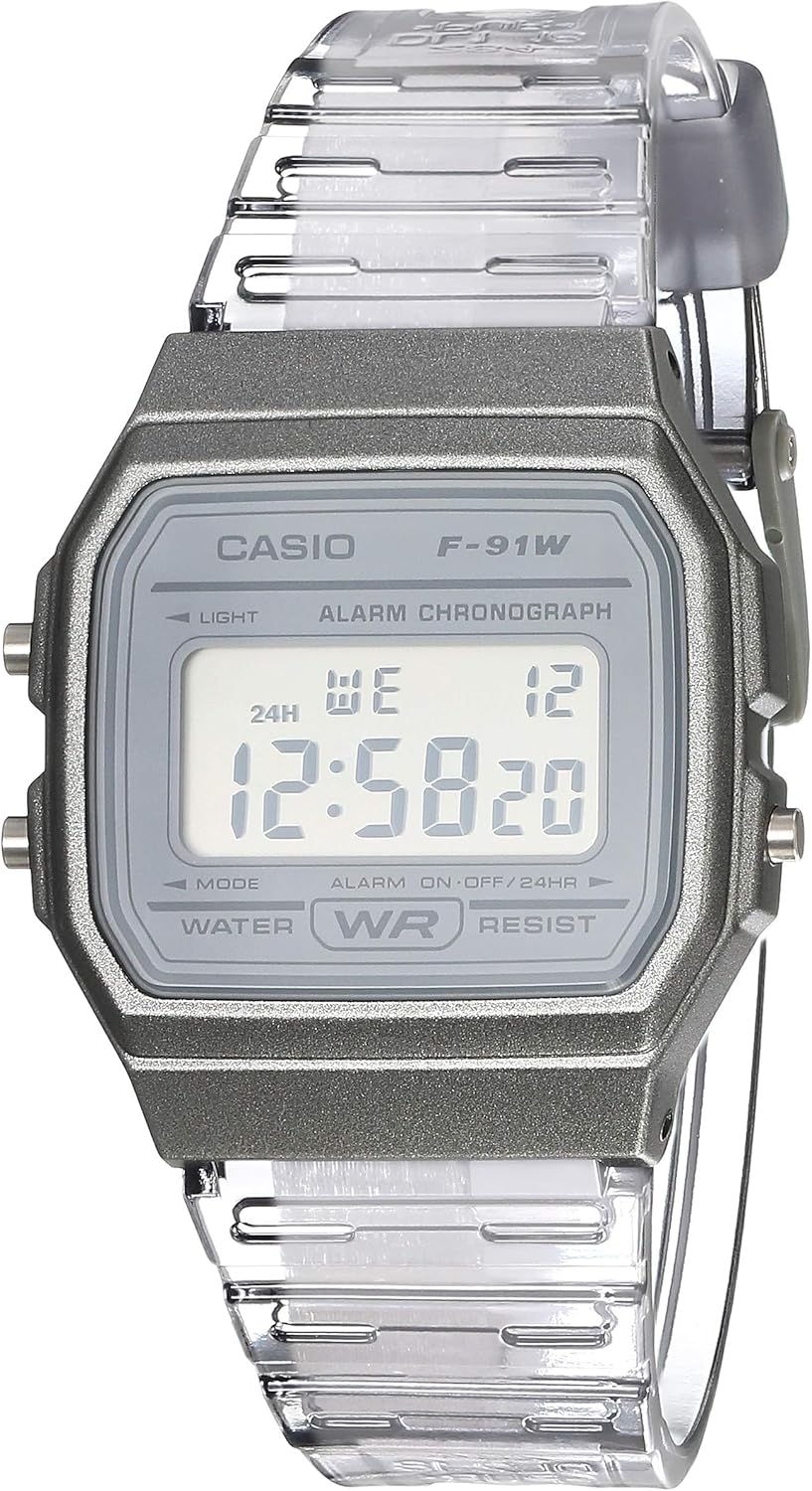 casio 卡西欧 f91w-1 经典树脂表带数字运动手表,透明灰色 : 亚马逊